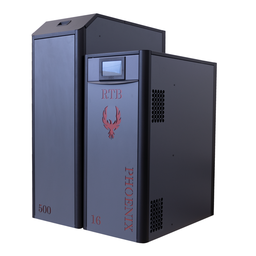 RTB-Phoenix-16kW-V16 boile-w-RTB-Phoenix-hopper-500-front-right-transp-bg